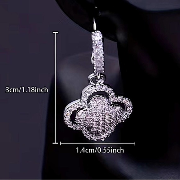 Platinum Silver Four Leaf Clover Cubic Zircon Pave Drop Dangle Earrings - Picture 5 of 5